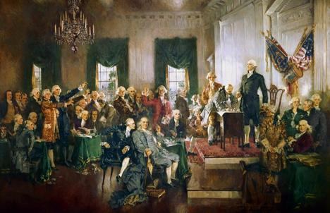 'La Constitución americana resultante de la Convención de Filadelfia en 1787 es la primera constitución federal moderna.' (Los autores). Óleo de Howard Chandler Christy.