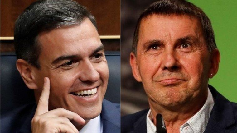 Pedro Sánchez y Arnaldo Otegui felices con la situación actual de la derecha española. (Ilustración: https://www.elconfidencialdigital.com/).