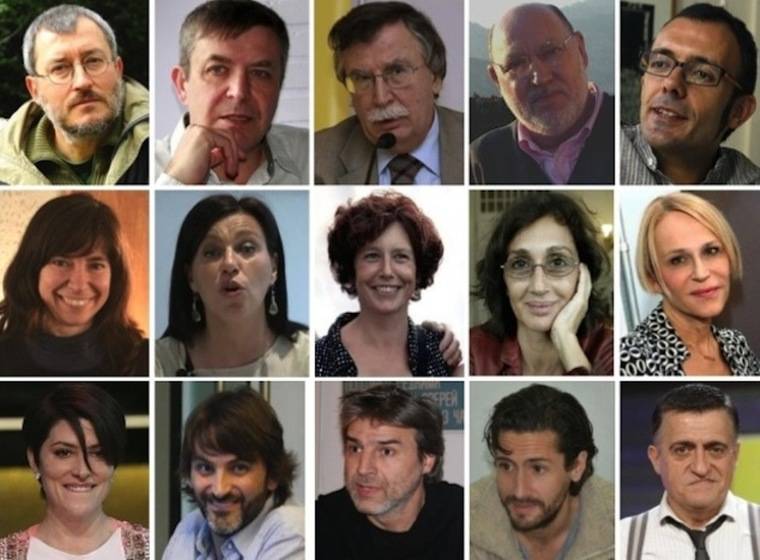 www.cuartopoder.es: 'Algunos de los firmantes del Manifiesto: de izquierda a derecha y de arriba a abajo, Jorge Riechmann, Carlos Fernández Liria, Joan Garcés, Juan Ramón Capella, Isaac Rosa, Yayo Herrero, Cote Romero, Icíar Bollaín, Silvia Munt, Antonia San Juan, Bárbara Lennie, Fernando Tejero, Alberto San Juan y Gran Wyoming. / Fotos: Efe y cuartopoder.es'