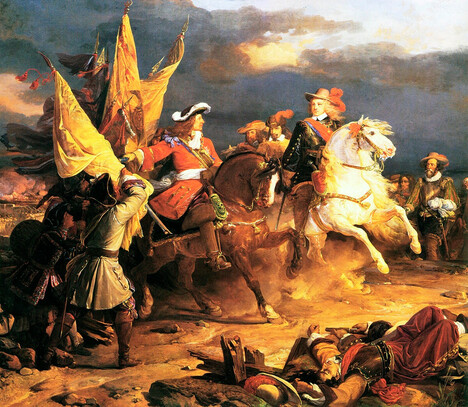 Cuadro: Vendome presenta sus estandartes a Felipe V en Villaviciosa el 10 dic 1710. Oleo sobre tela de Jean Alaux, Palacio de Versailles