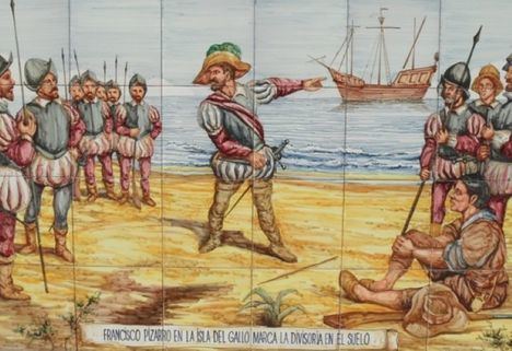Francisco Pizarro en la Isla del Gallo marca la divisoria en el suelo.