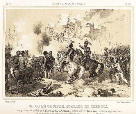 El Gran Capitán en el asalto al castillo de San Jorge en Cefalonia. Litografía de JJ Martínez. Biblioteca Nacional de España. (https://commons.wikimedia.org/).