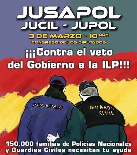 Reacción de Policía Nacional y Guardia Civil al veto del Gobierno a su ILP: los sindicatos JUPOL y JUCIL convocan este martes frente al Congreso de los Diputados