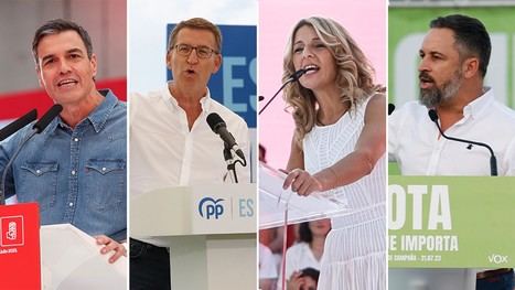 Sánchez (PSOE), Feijóo (PP), Díaz (SUMAR) y Abascal (VOX) en las elecciones generales del pasado 23 de julio de 2023. (Foto: https://www.antena3.com/noticias/elecciones).