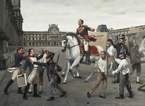 'Miguel Ricardo de Álava recuperando arte español en el Louvre (1815)', de Mikel Olazabal. La escena muestra al general Miguel Ricardo de Álava en el Louvre tras la caída de Napoleón (1815), en el momento en que exige la devolución de obras de arte españolas que habían sido expoliadas durante la ocupación francesa. (Diputación de Álava).