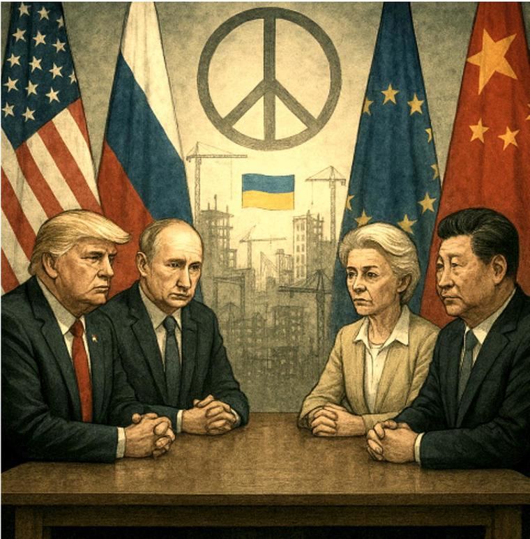 Donald Trump, Vladimir Putin, Ursula von der Leyen y Xi Jinping. (Ilustración: La Crítica /IA).