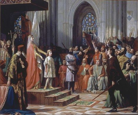 María de Molina presenta a su hijo Fernanddo IV en las Cortes de Valladolid de 1295. Oleo de Antonio Gisbert expuesto en el Congreso de los Diputados