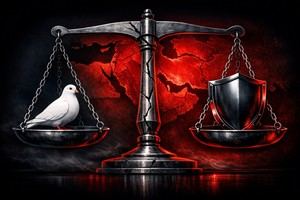 Ilustración conceptual sobre la tensión entre paz y legítima defensa. (La Crítica / IA).