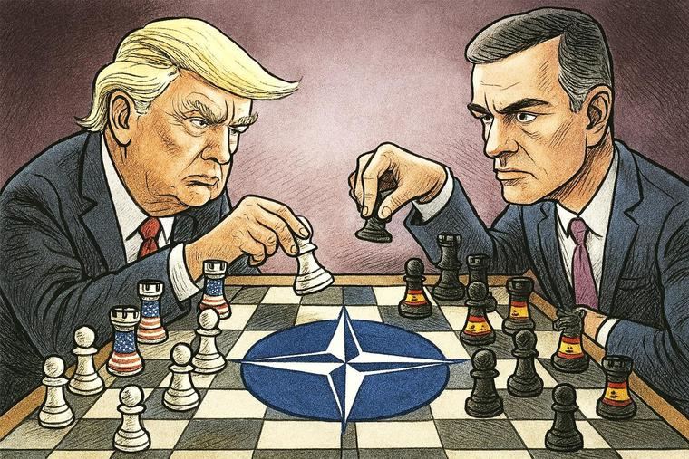 Caricatura de Donald Trump y Pedro Sánchez. (Ilustración: La Crítica / IA).