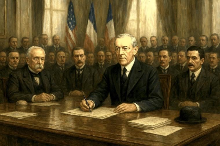 El presidente Wilson de EE. UU. en la Conferencia de París (1919). (Recreación de La Crítica / IA).